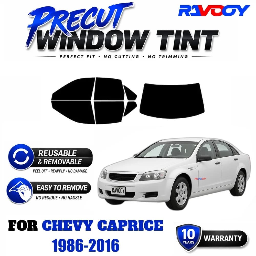 RAVOOY Precut Window Tint, Reusable Removable EPU Film, Custom Fit for Chevy Caprice 1986-2016, UV Heat Protection