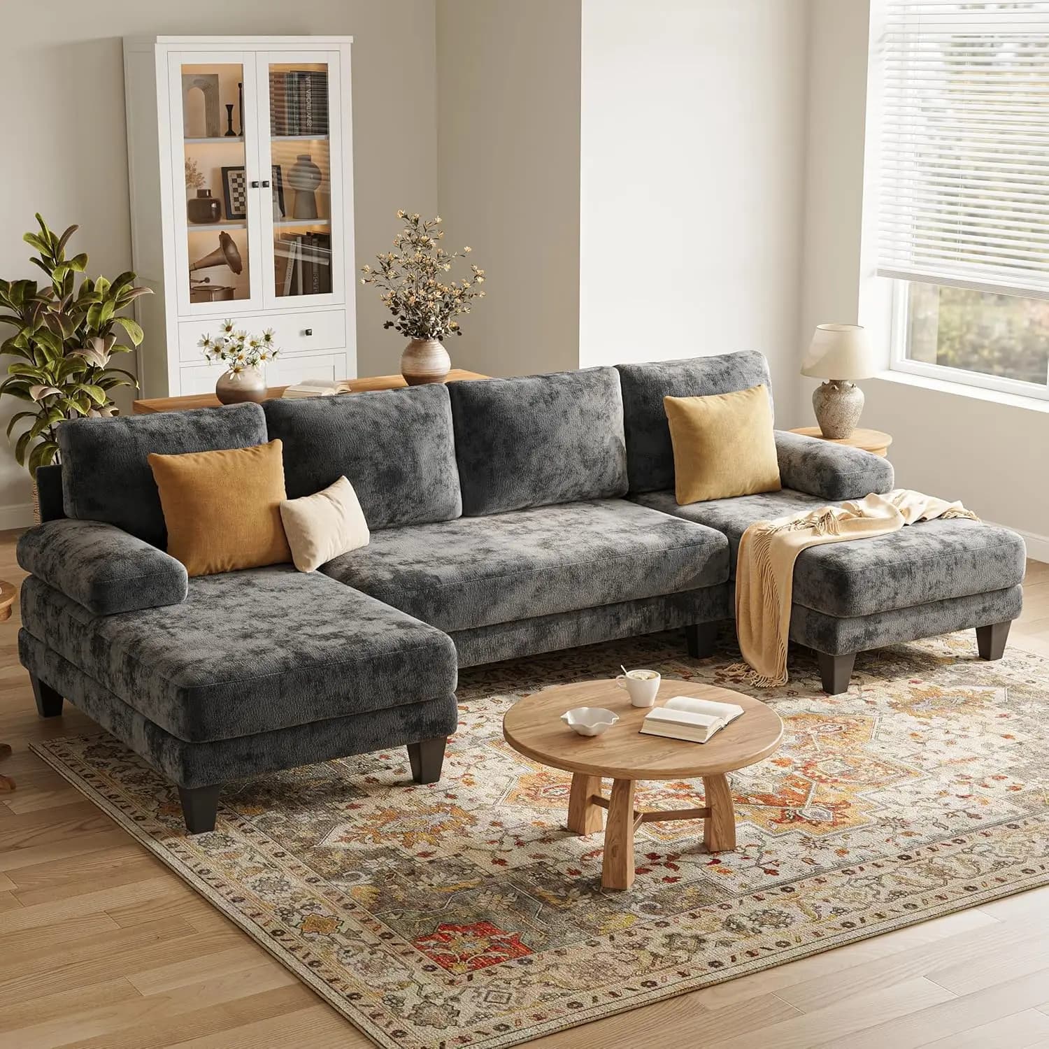 Divano Sezionale a U con Doppia Chaise Longue, Rivestimento in Ciniglia, 112 Pollici, Moderno per Soggiorno e Appartamento, Personalizzabile