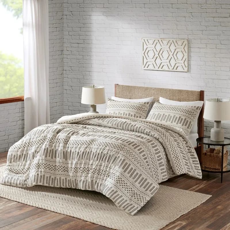 3 Piece Cotton Jacquard Comforter Mini Set Ivory/Charcoal Full/Queen