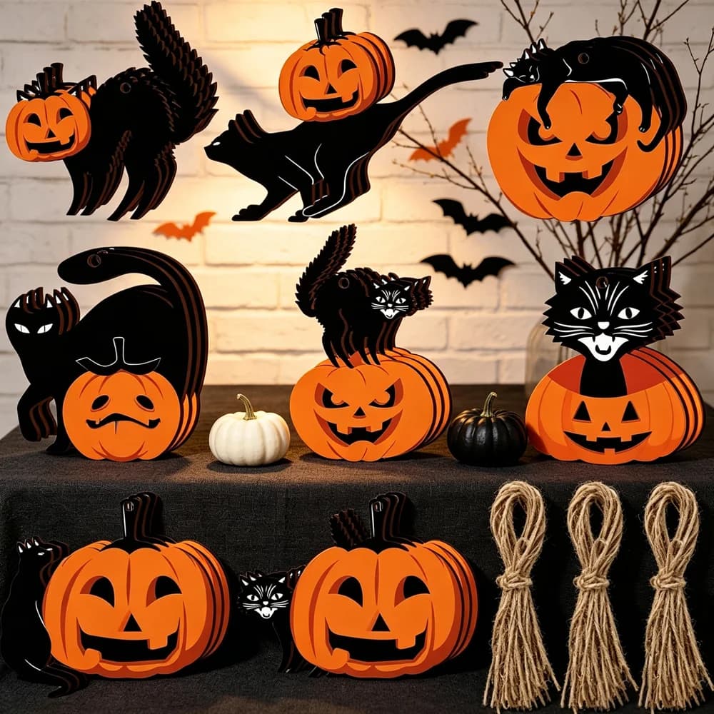 Laser Cut Wooden Cat Pumpkin Hanging Halloween Ornament Rustic Decor Tree Wall Door Home Party Favor Gift Spooky Home Accent