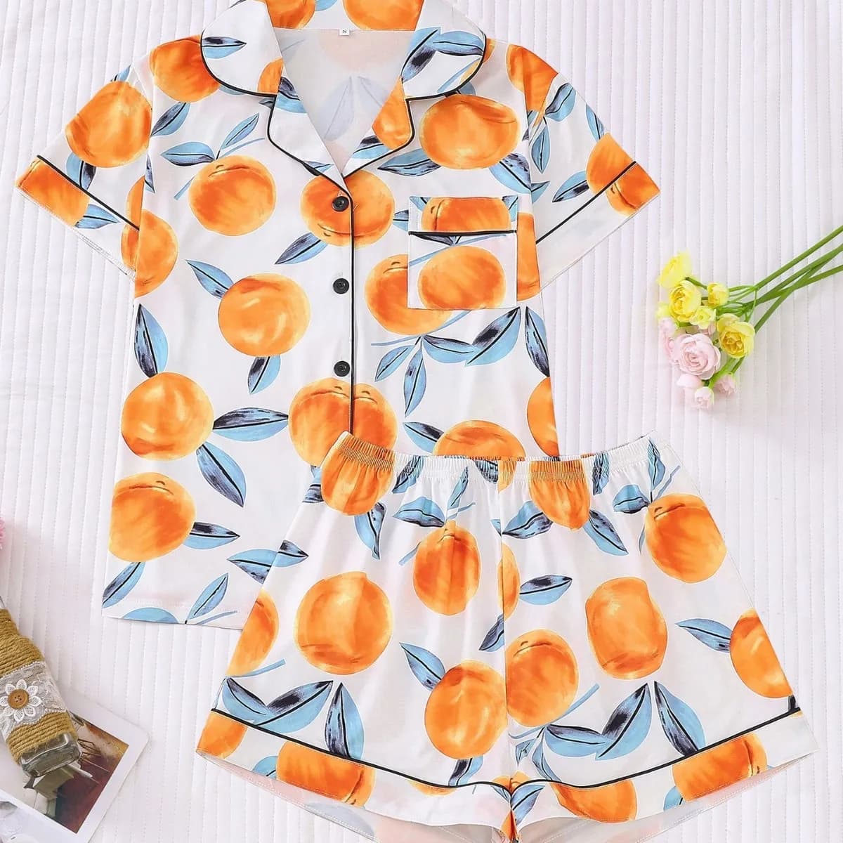 Women's soft cotton pyjamas with fishing print, short sleeves and twisted, casual set for summer, ideal as a gift
