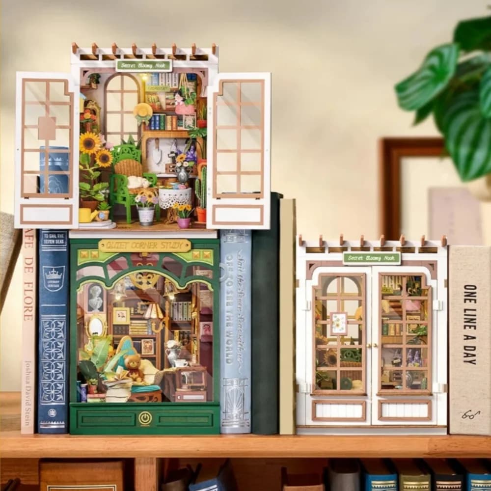 Rolife Book Nook Kit DIY Miniature Kit with Lights Secret Bloomy Nook Booknook Model Kits for Desk Library Bookshelf Decoration