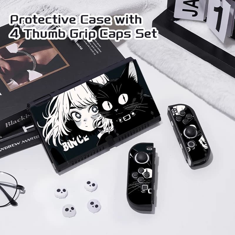 Confezione da 1 custodia protettiva per il gatto e la ragazza con 4 cappucci antiscivolo per Nintendo Switch OLED