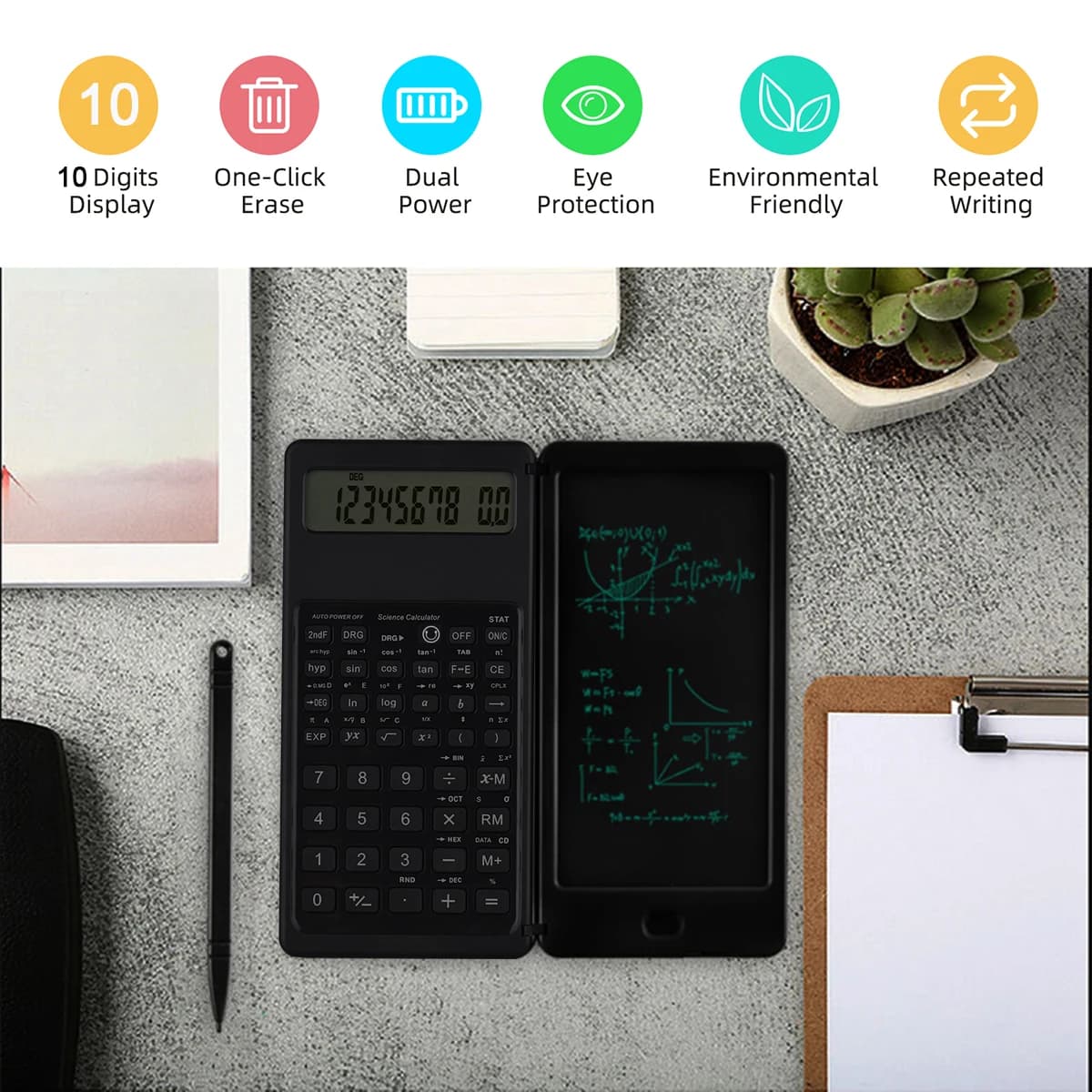 2in1 Scientific Calculator Foldable Erasable Office LCD Drawing Pad 10 Digits Display with Stylus Pen Digital Writing Tablet