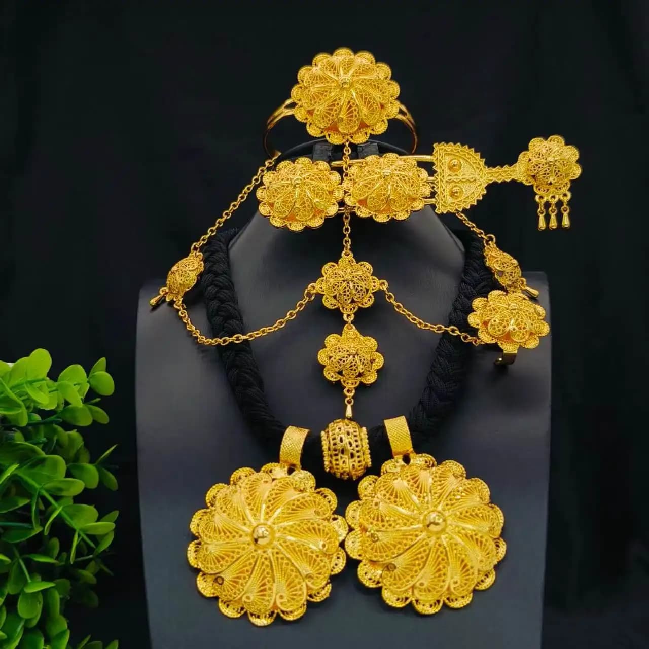 Fashion Ethiopia Dubai Women's Jewelry Set African Wedding Jewelry Necklace Bangle Earring Ring Hair Clips Hairpin Set