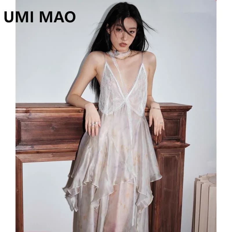 UMI MAO Abiti da meduse luminose della dea del mare con piume trasparenti stampate in filo e abito con cinturino irregolare Elegante Femme