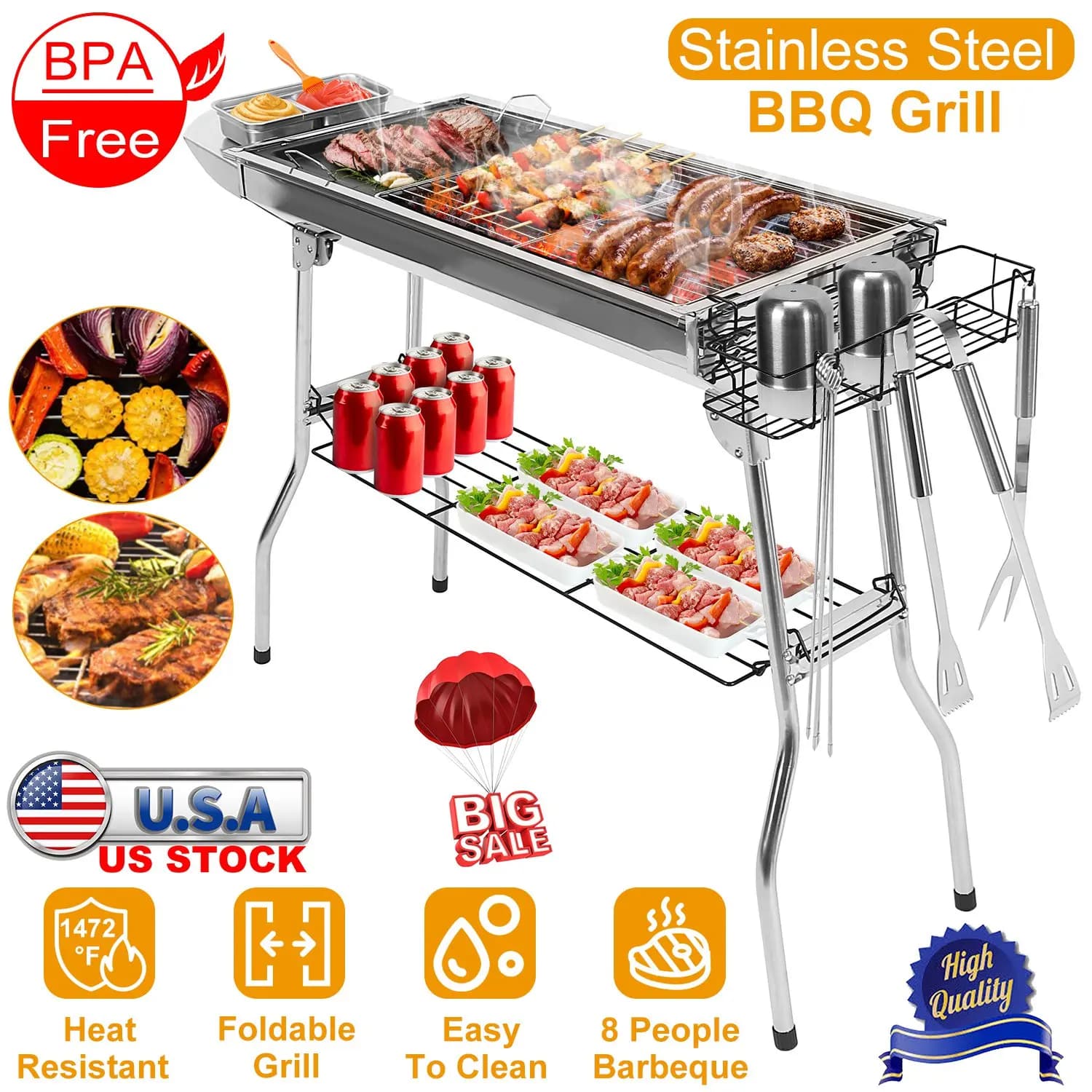 Premium Portable Charcoal BBQ Grill Stainless Steel Folding Outdoor Camping Tailgate Grill with Non-Stick Pan US Local Delivery