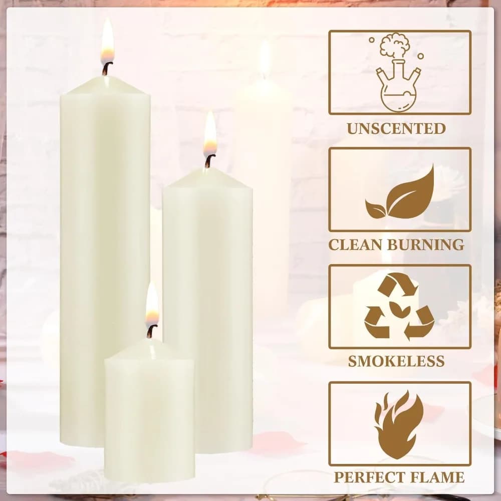 Set di 72 candele a colonna avorio, senza fumo e senza goccioline, non profumate, grandi candele a colonna rustiche a combustione lunghe e pulite