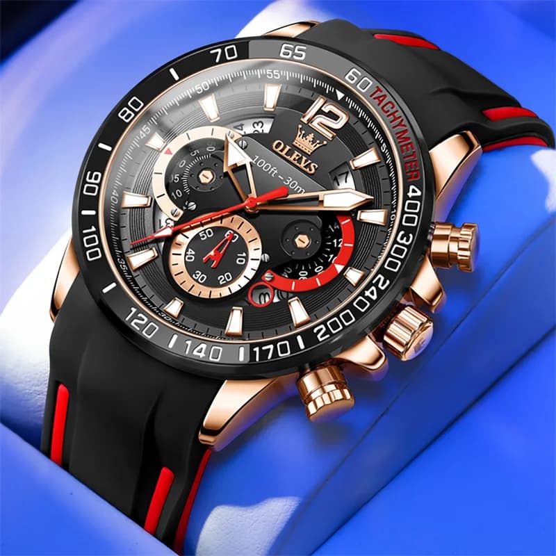 OLEVS Men's Chronograph Watches Casual Sport Quartz Elastic Red With Date Watch Luminous Hands Black Steel Case Relogio