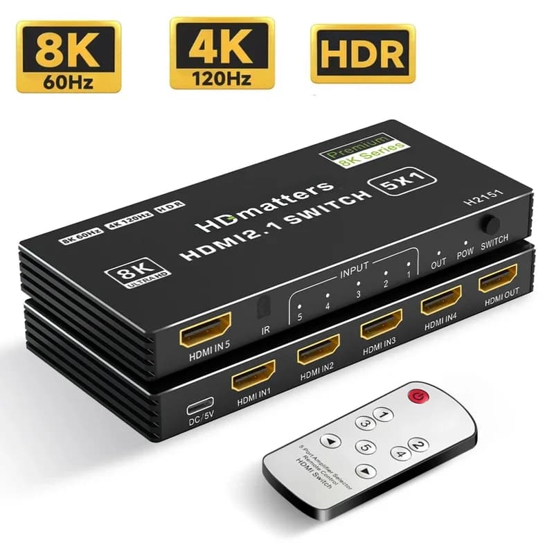 HDMI 2.1 4K 120Hz 4K 60Hz Switcher Box HDMI 2.0 Switch HDMI 5/4/3 ports with remote support HDR 4K CEC for PS5 Xbox HDTV
