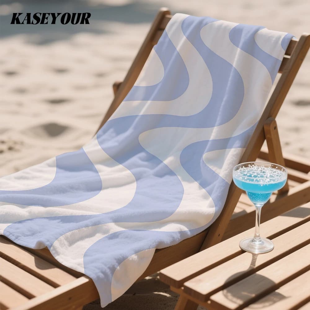 Pale Blue Curved Wave Oversized Microfiber Beach Towel Sand Proof Quick Dry, Absorbent for Swimming Pool Travel Camping