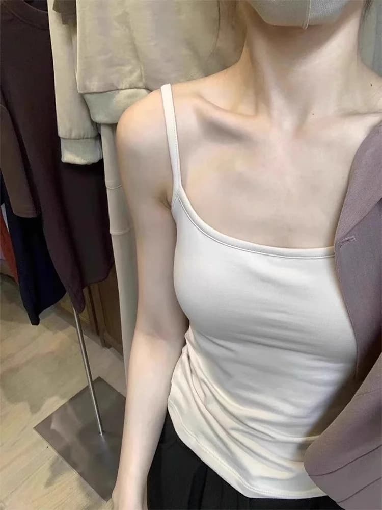 Pure Cotton White Strap Vest Women Summer Inner Match Beautiful Back Bra Integrated Underwear Base with Chest Pad Outerwear Top