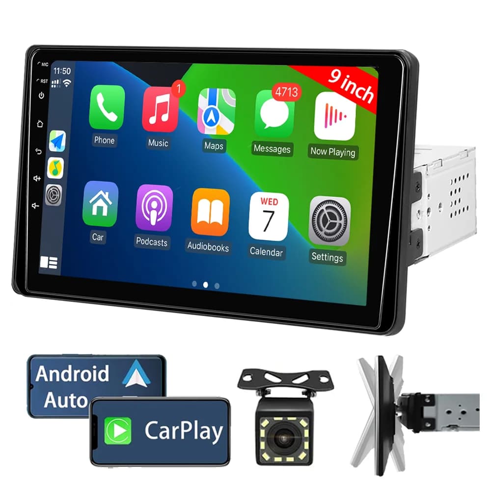 9 inch single Din stereo car radio with Apple Carplay and Android Auto, Bluetooth touch screen car audio with backup camera
