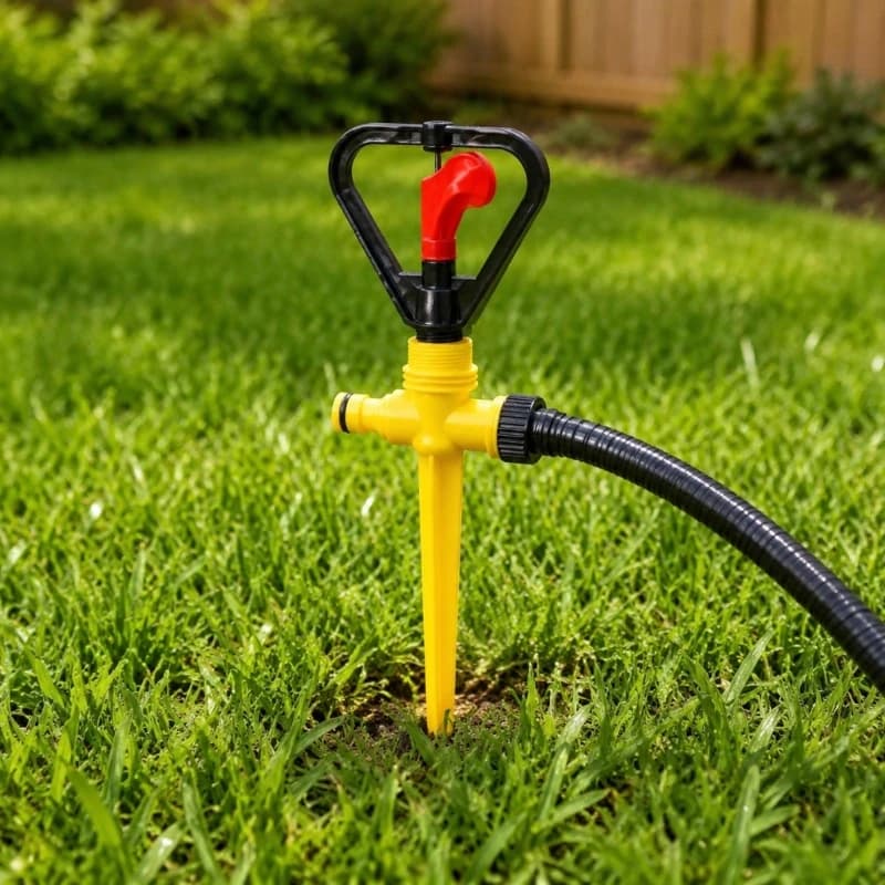 Garden Watering Sprinkler with Plastic Body, Soil Insert Base and Side Hose Port for Lawn Care, Yard Irrigation, and D2RD