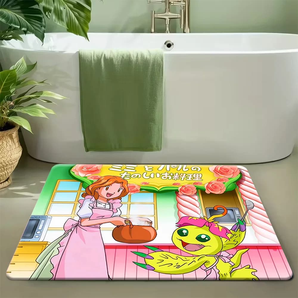 Tappetino da bagno Digimon Adventure Mimi Tachikawa & Palmon Cooking Scene, tappeto da bagno in morbida flanella antiscivolo e assorbente, Anime Char