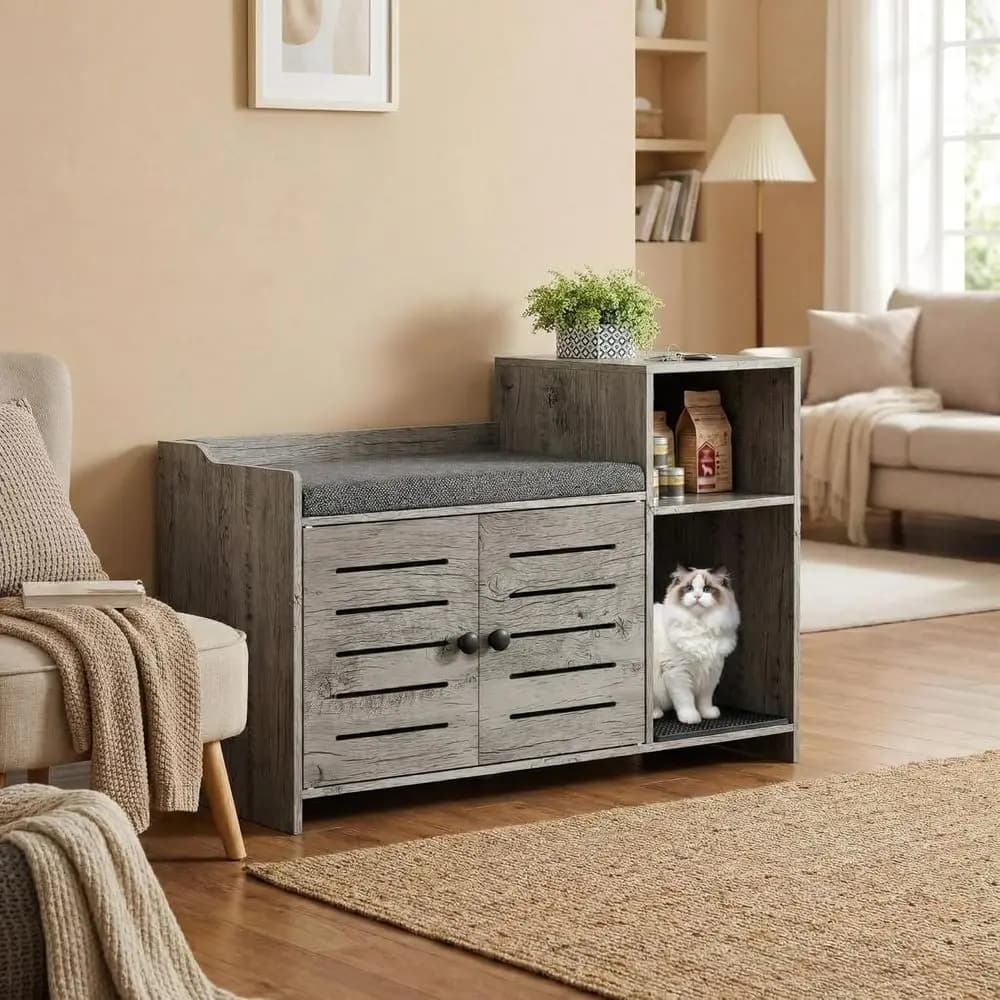 Mobili contenitori per lettiera per gatti, lettiera per gatti grande e nascosta con doppia porta, mobiletto lettiera in legno con portaoggetti