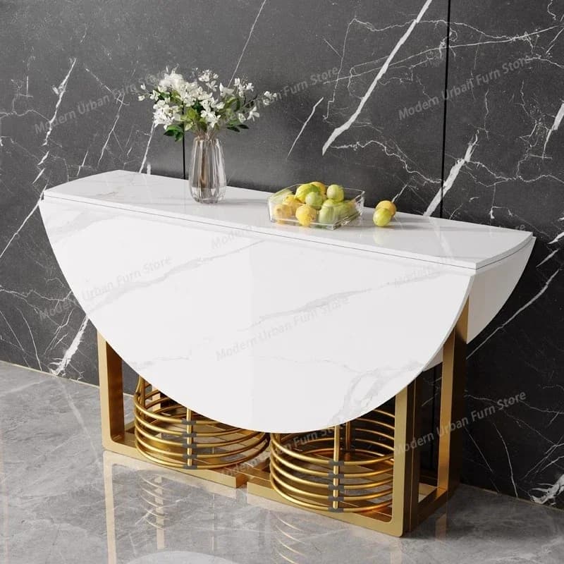 Tavolo da Pranzo di Lusso Estensibile con Gambe in Metallo Dorato, Design Pieghevole Salvaspazio per Soggiorno