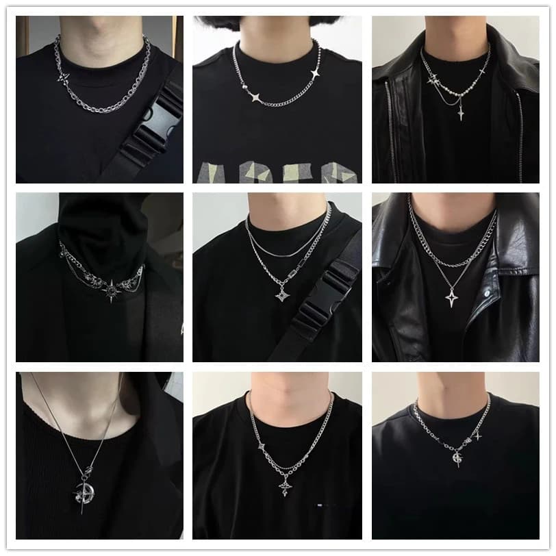 Trend Charm Black Zircon Star Cross Pendant Chain Double Layer Necklace For Men Women Unisex Punk Rock Hip Hop Jewelry Wholesale
