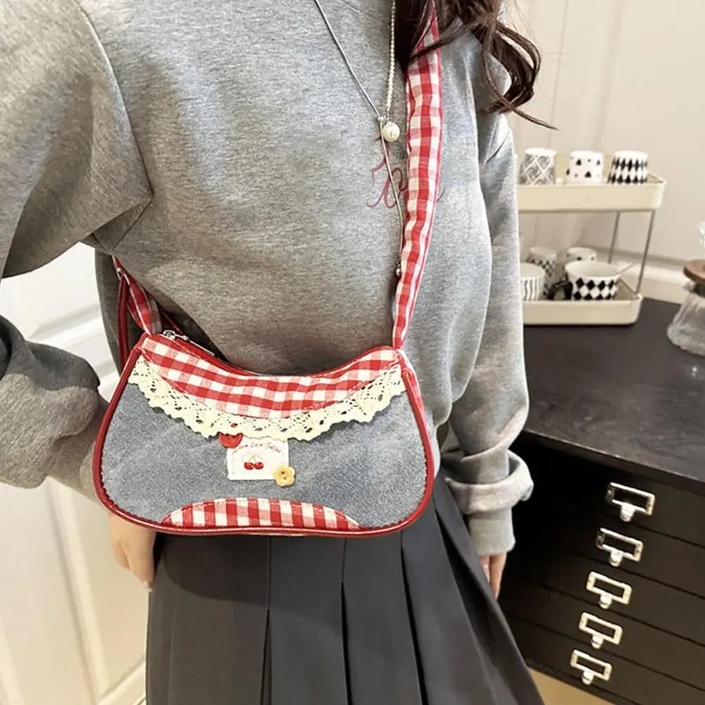 Handbag Denim Blue Bow Plaid Shoulder Bag Large Capacity Lace Ribbon Cloth Underarm Bags Adjustable Length Daily Shoulder Bag
