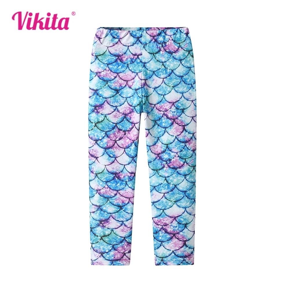 VIKITA Girls Mermaid Print Leggings ragazze Pencil Pants Kids Skiny Slim Colorful Dance Performance Pants abbigliamento per bambini 3-12Y