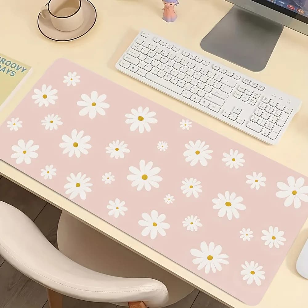 Gaming XXL Mouse Mat with Daisy Floral Pattern, Natural Rubber Base