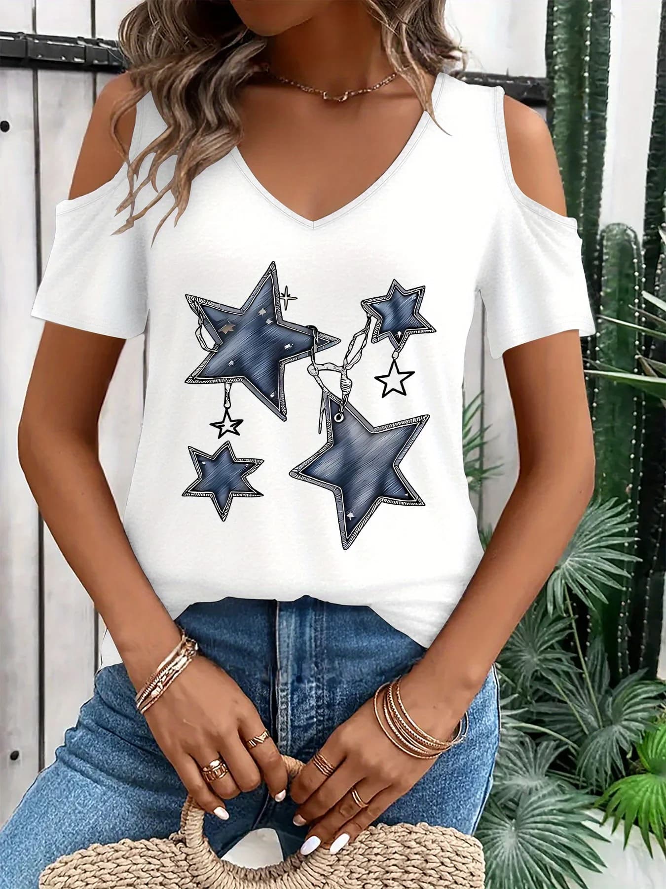 Vintage Star T-shirt Short Sleeve V Neck T Shirt Casual Top for Summer Spring Women's Clothing Shirt Tee Y2k Top