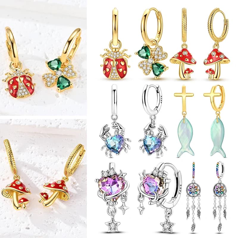 2026 925 Sterling Silver Dangle Earrings Golden Four-leaf Clover Dreamcatcher Rose Earrings for Women Girls Fine Jewelry Gifts