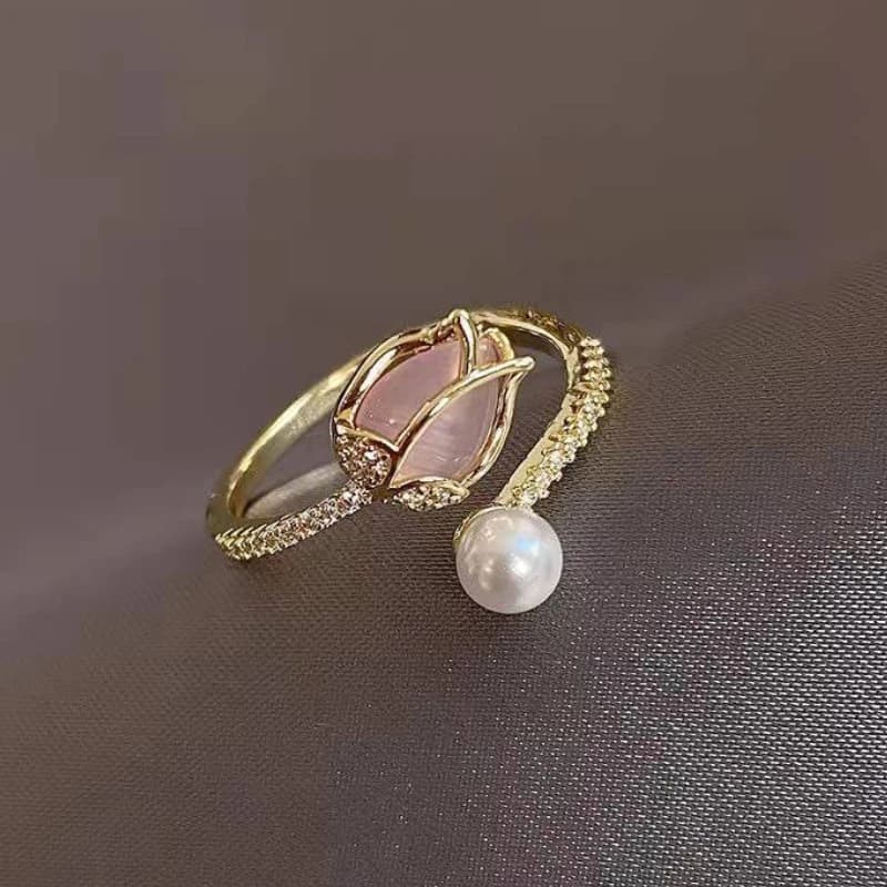 Eleganti anelli di perle di fiori di tulipano per le donne Temperamento Perla Zircone Anello di apertura regolabile Gioielli per feste di nozze
