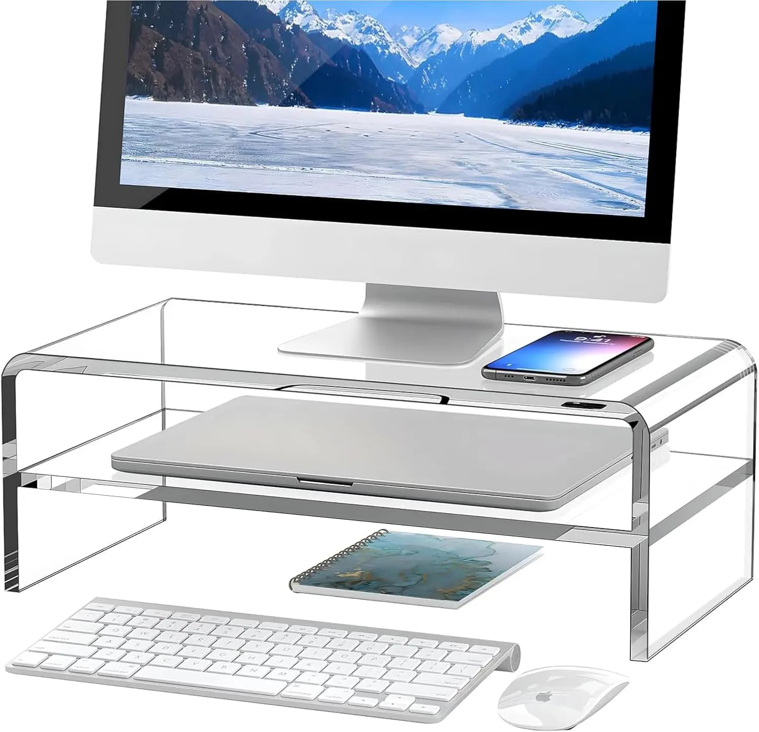 Supporto per Monitor in Acrilico Trasparente con 2 Ripiani, Altezza 5,12 Pollici per Organizzazione del Desktop