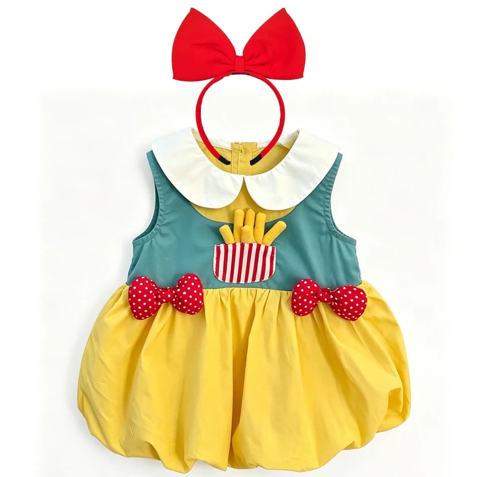 Toddler Bubble Dress Cute French Fries Pocket White Peter Pan Collar Polka Dot Bows Cotton Outfit for Daily Wear Photo Shoot
