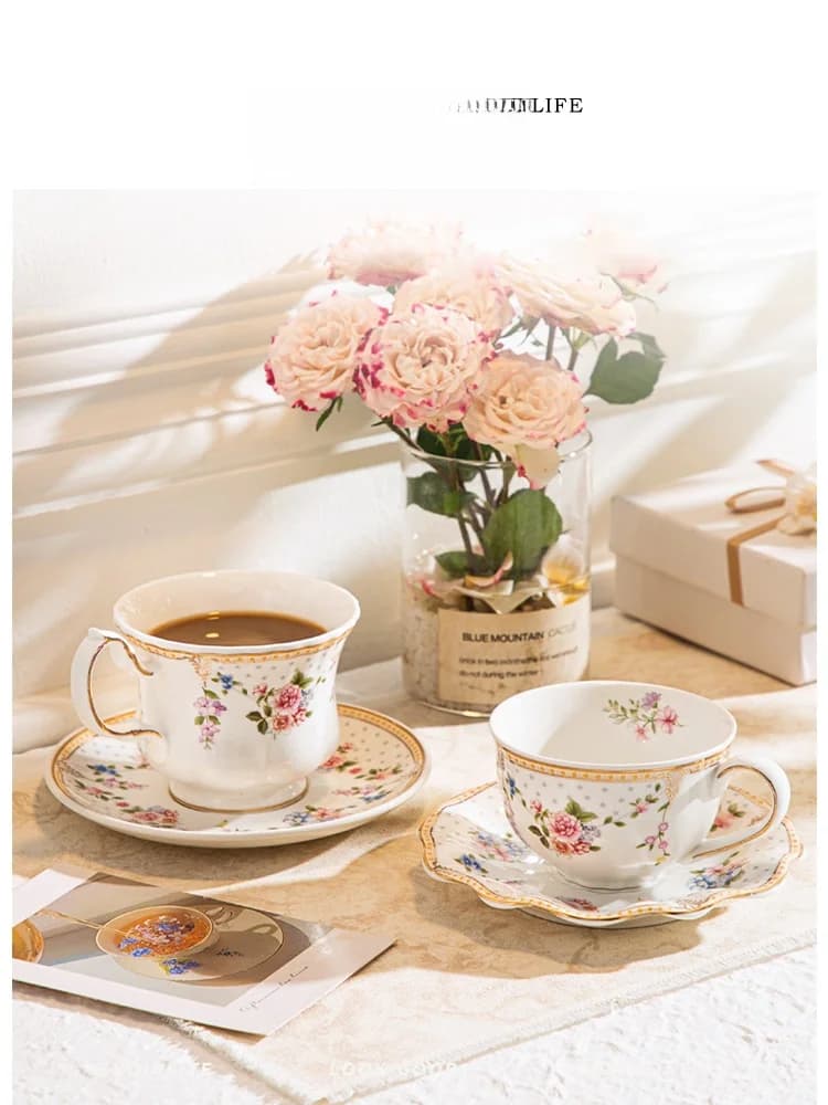 Tlife Ceramic Coffee Cup And Plate Set with Golden And Bead Curtain Vintage Style French Country Style Single Ear Handle