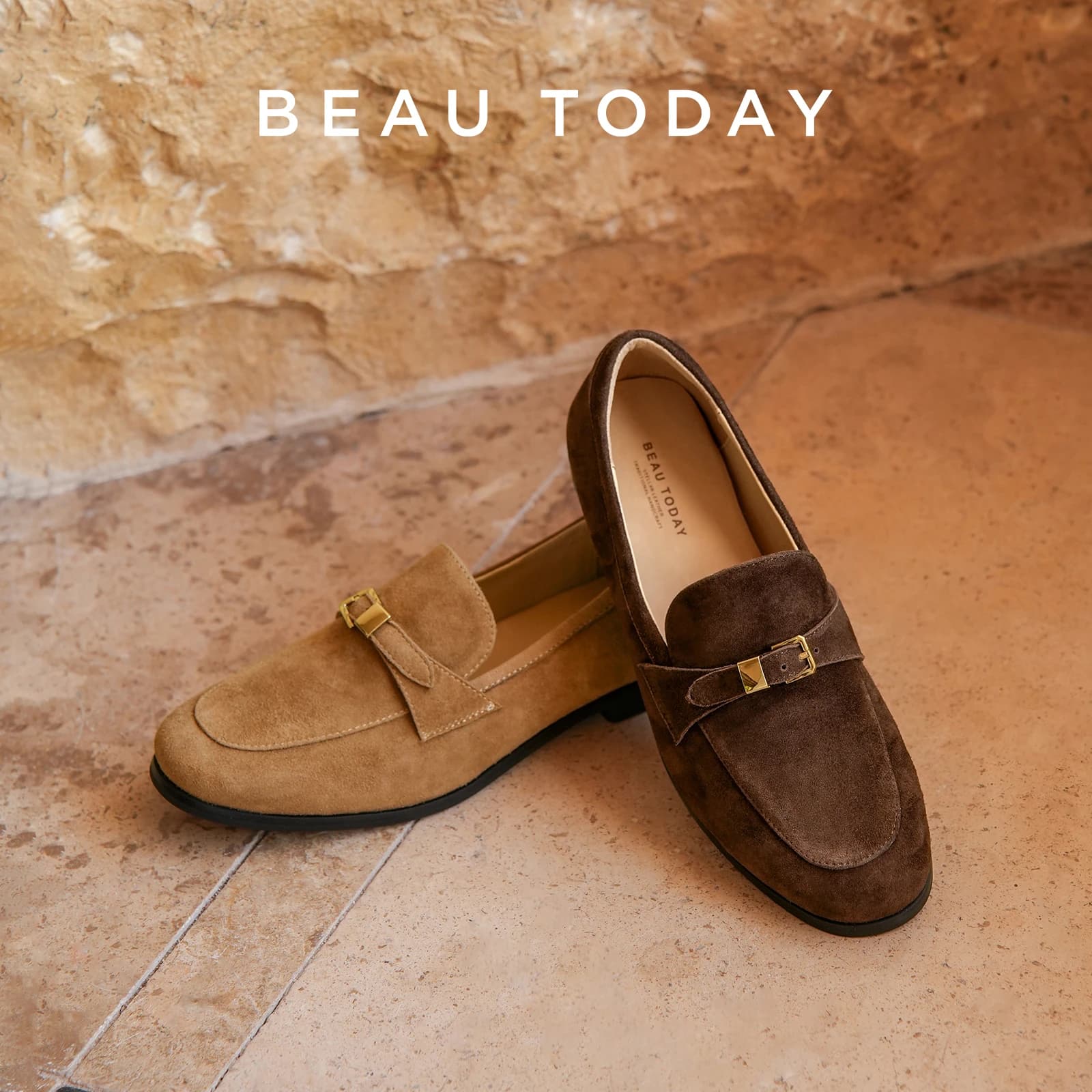 BEAUTODAY Mocassini Retro Woman Suede cow leather Round Toe Toe Strap with metal buckle Sew Slip-on Apartments Handmade women shoes 26325