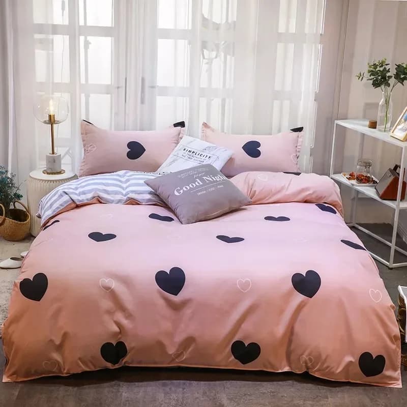Set duvet cover with pink heart Set single bed linen 3 pieces, soft and comfortable reversible duvet cover in microfiber with love pattern and stripes