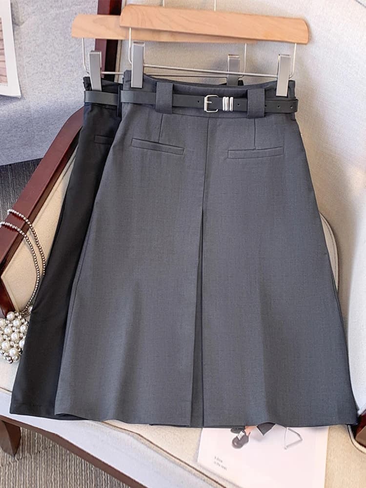 Gonna a mezza lunghezza grigia a vita alta, casual, svasata, drappeggiata, modello A-line, da donna, primavera autunno, nuovo stile, per il commuting, stile coreano