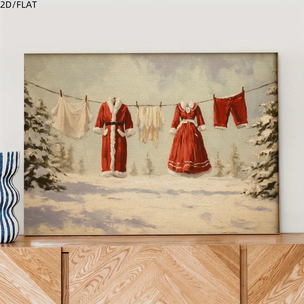 Vintage Christmas Framed Wall, Oil‑Paint Style Print Santa Red‑White Outfit on Clothesline Snowy View, Wall Art for Living Room