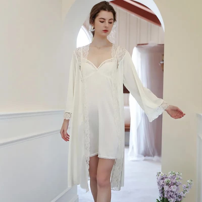 Set di due pezzi con vestaglia e camicia da notte con bretelle per donna, vestaglia sexy e camicia da notte con finiture in pizzo, vestaglia kimono a maniche lunghe, abbigliamento da notte.