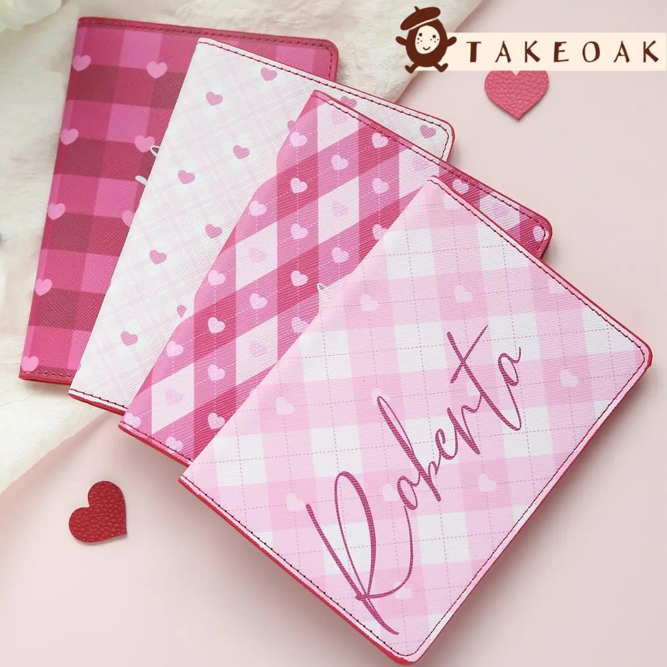 Porta Passaporto Personalizzato con Nome, Elegante Copertina Rosa a Quadretti con Cuori, Accessorio da Viaggio Unico Fatto a Mano, Regalo per Ragazze