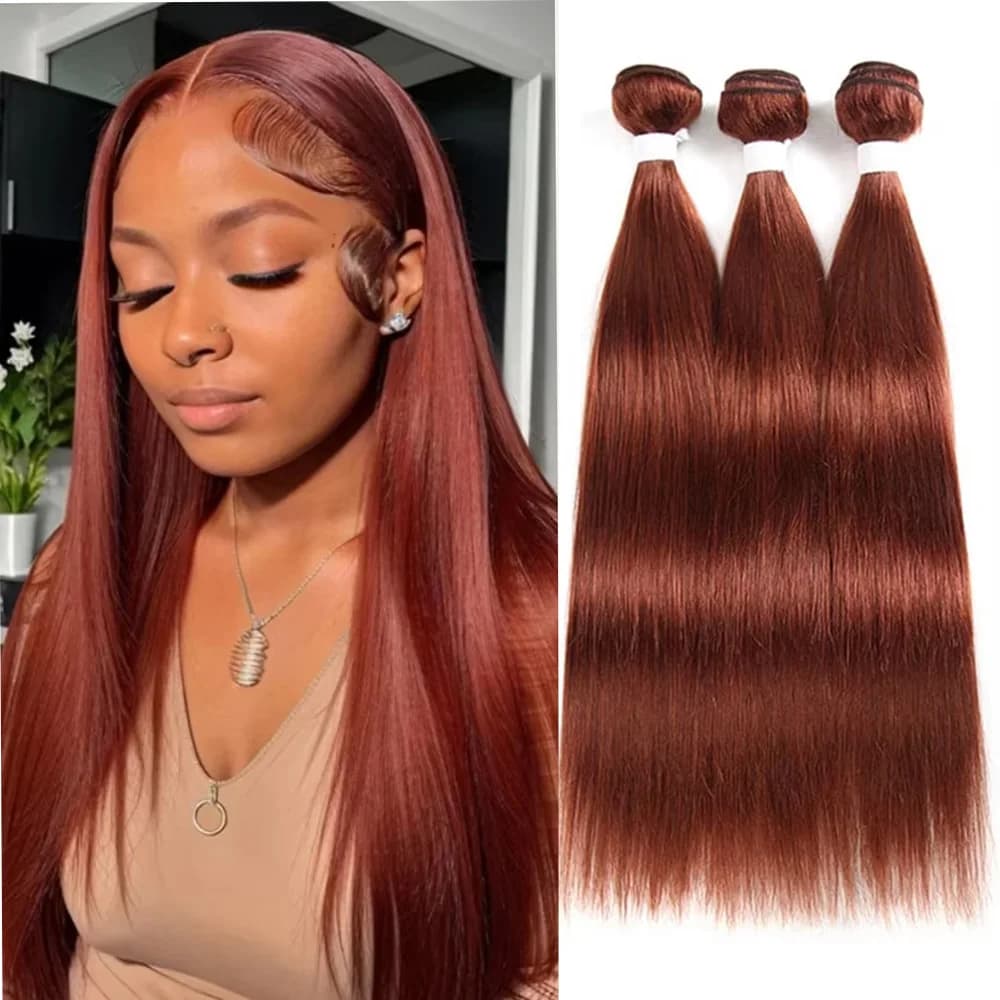 Extensions di Capelli Umani Lisci Marrone Rossastro 100% Naturali, Fasci di Capelli Brasiliani Remy, Trama di Capelli Rossi 1/3 Fasci