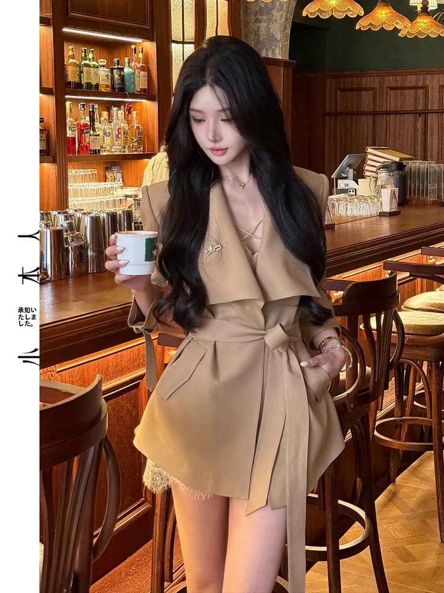 Giacca da donna Ele ort Sli Belted leggera di lusso, modellante, primaverile, in fibra di poliestere, a vita alta