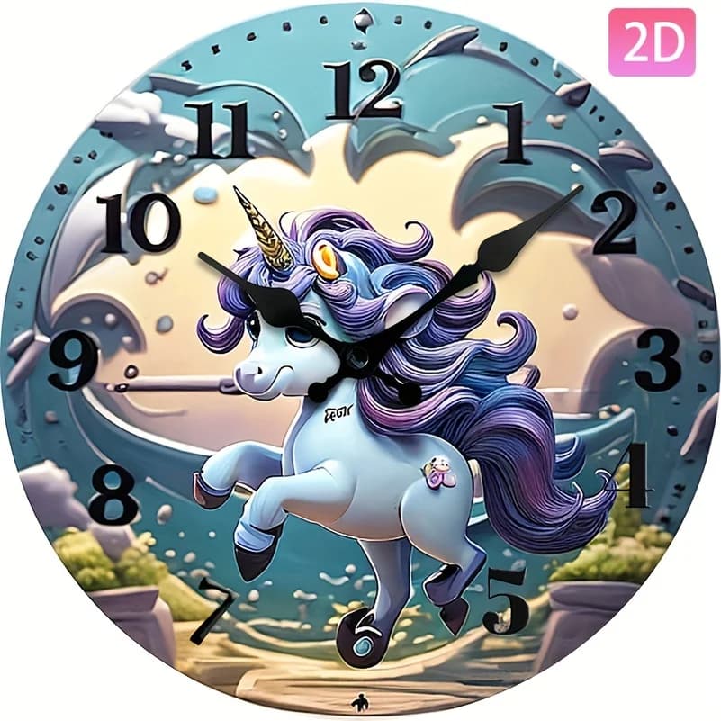 Orologio da parete rotondo con design a forma di unicorno, orologio piatto con effetto 3D, silenzioso e senza ticchettio, adatto per decorazioni domestiche o come regalo.