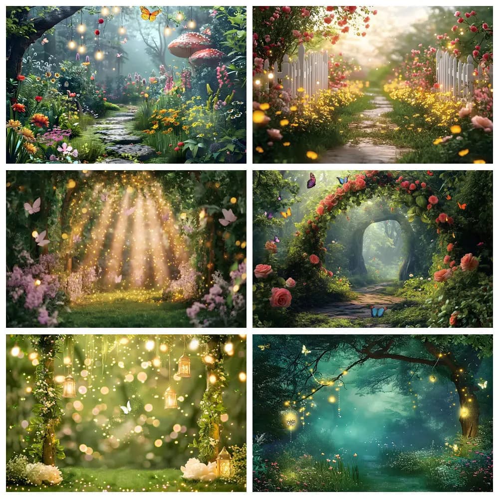 Sfondo da giardino fiabe per fotografia Fantasy Natura Giungla Farfalla Fiore Luce Bokeh Principessa Compleanno Sfondo fotografico