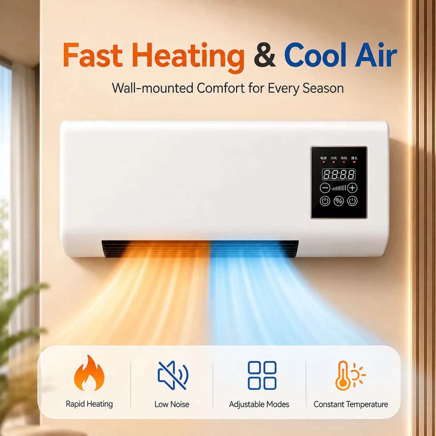 Wall Mount Electric Air Conditioner Fan, Heating & Cooling Space Heater Fan With Remote Control Timer Adjustable Temperature