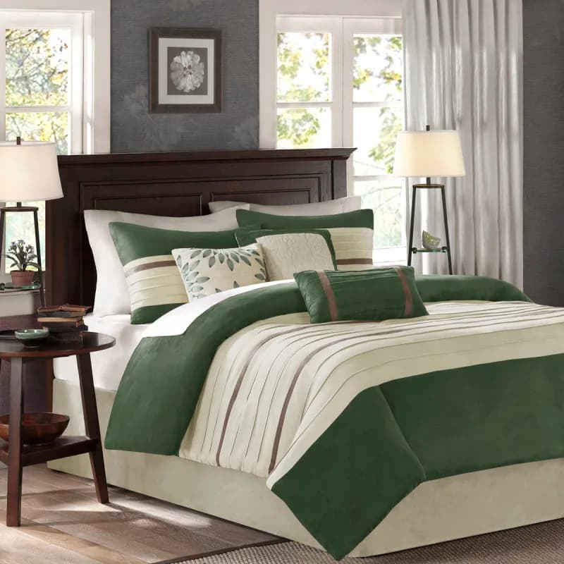 7 PCS Pieced Faux Suede Comforter Set Green King