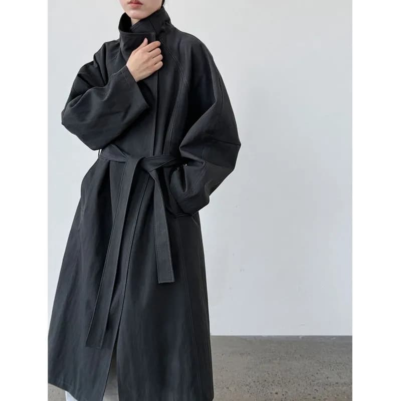 Johnature Trench lungo allentato coreano con colletto alla coreana a bottone singolo per le donne Nuove giacche casual versatili semplici legate autunnali