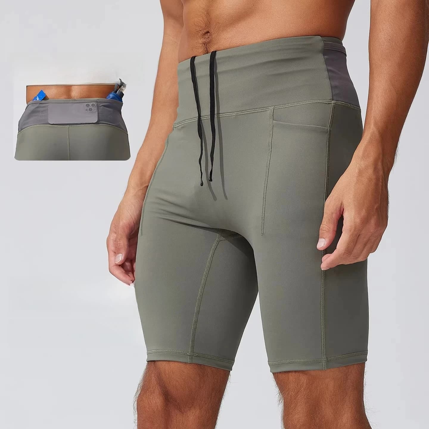 Men's Compression Running Shorts with Back Waist Storage Pockets, High-Waisted Breathable Athletic Bike Shorts for Workout