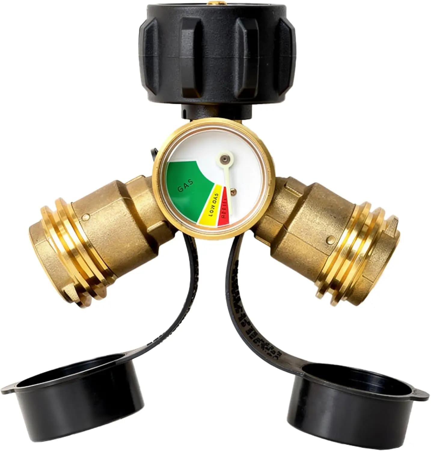 Propane Tank Y‑Splitter Adapter with Gauge, 2‑Way LP Gas Tee Connector for 20lb Propane Tanks, Gas Splitter for BBQ Grill, Camping Stove, Burner, Patio Heater