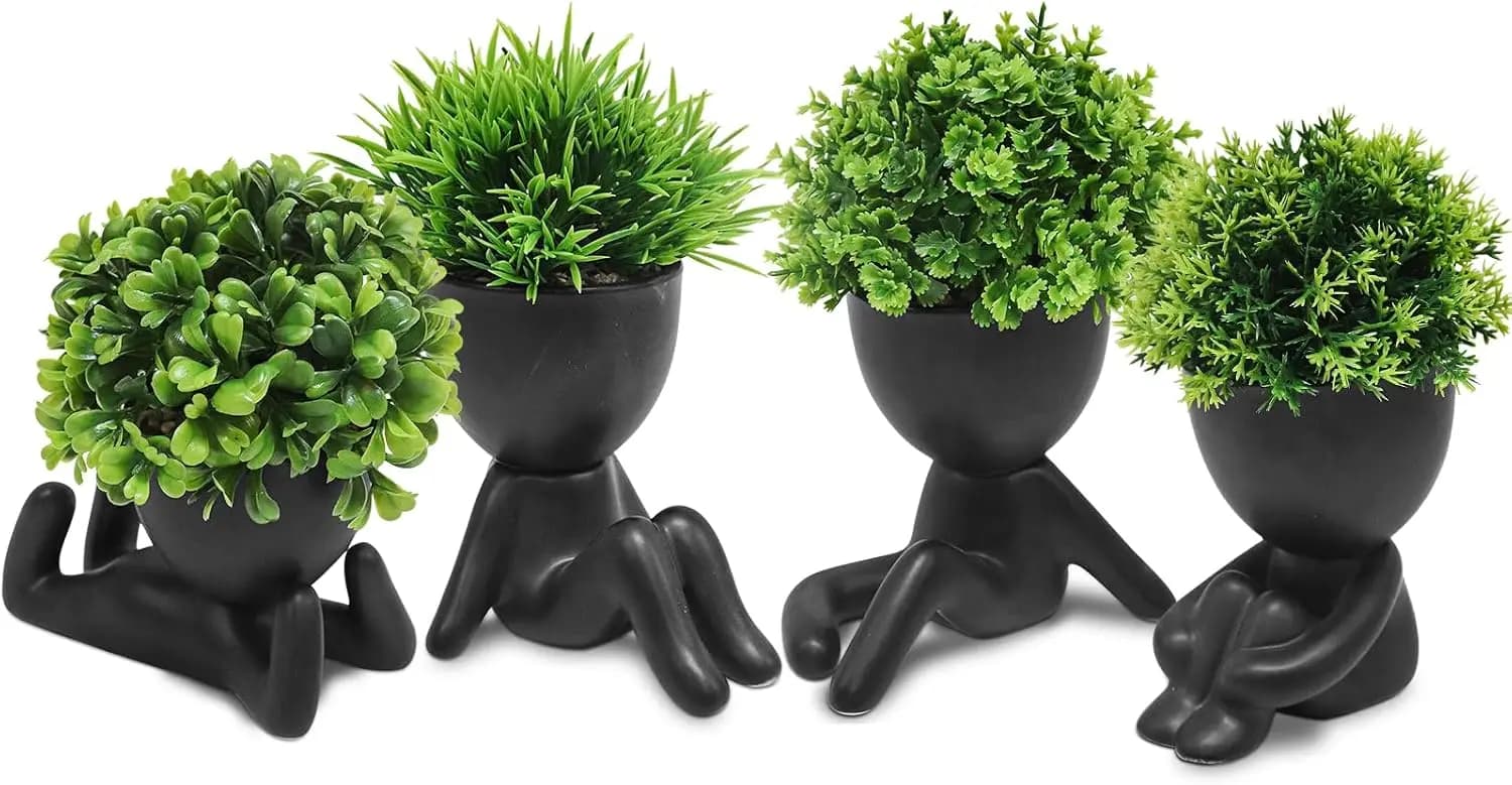 4PCS Cute Artificial Mini Succulent Plants with Creative Human Shaped Pots, Small Fake Plants for Shelf Desk Tabletop Office Home Decoration(Black)