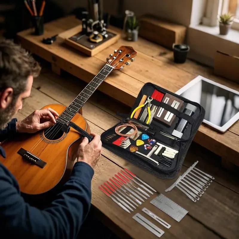 Kit di attrezzi per chitarra elettrica Kit di manutenzione 72X con borsa per il trasporto Set per la cura degli strumenti a corda per musicisti Include plettri per corde