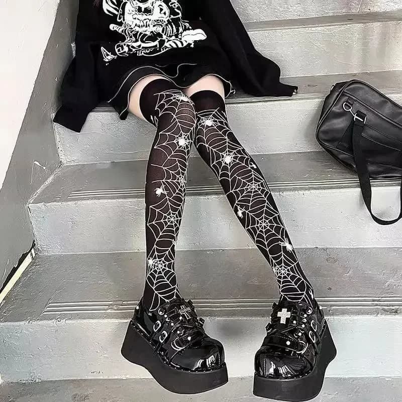 Classical subculture Lolita black Goth socks cute Halloween girls punk gothtic retrò web teschio pipistrello thigh long socks