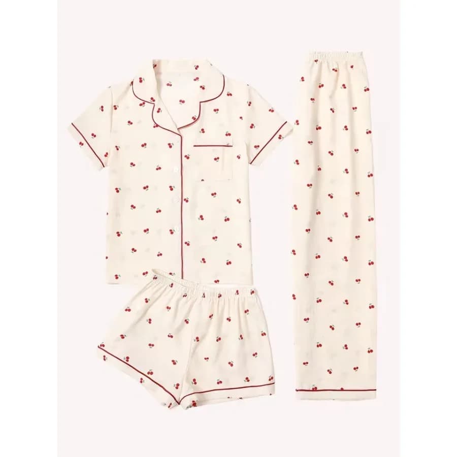 Women Pajamas Notch Lapel Short Sleeve Shorts Pants 3 Piece Set Spring Summer Fall Cute Cherry Print Homewear